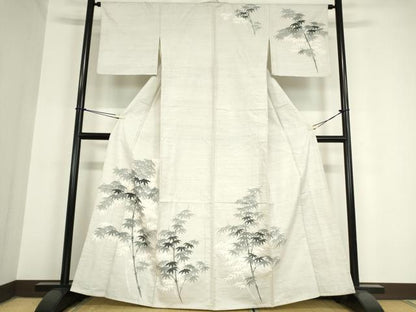 平和屋着物▽訪問着 単衣 紬地 笹竹文 手描き 正絹 逸品 DAAV5902az