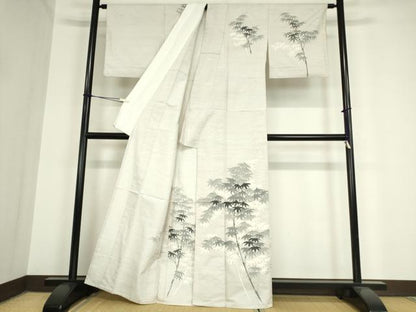 平和屋着物▽訪問着 単衣 紬地 笹竹文 手描き 正絹 逸品 DAAV5902az