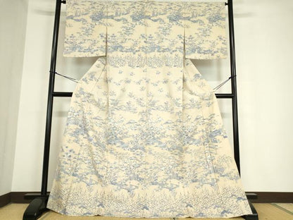 平和屋着物▽訪問着 単衣 紬地 風景花文 正絹 逸品 DAAV5903az