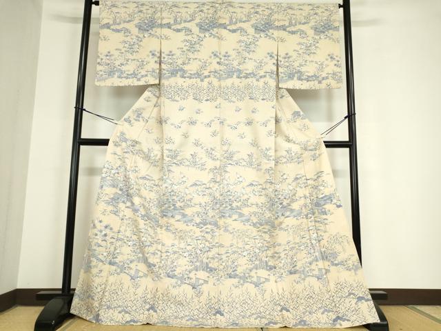 平和屋着物▽訪問着 単衣 紬地 風景花文 正絹 逸品 DAAV5903az