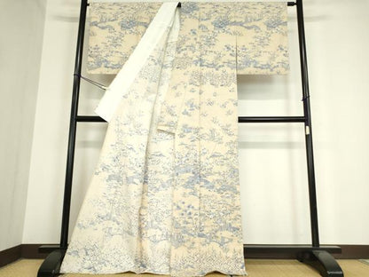 平和屋着物▽訪問着 単衣 紬地 風景花文 正絹 逸品 DAAV5903az