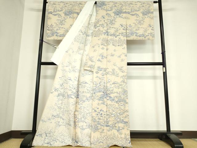 平和屋着物▽訪問着 単衣 紬地 風景花文 正絹 逸品 DAAV5903az