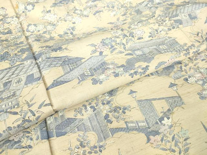 平和屋着物▽訪問着 単衣 紬地 風景花文 正絹 逸品 DAAV5903az