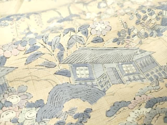 平和屋着物▽訪問着 単衣 紬地 風景花文 正絹 逸品 DAAV5903az