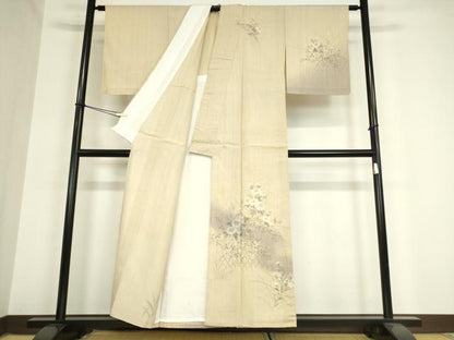 平和屋着物▽訪問着 単衣 生紬 草花文 手描き 暈し染め 正絹 逸品 未使用 DAAV5905az