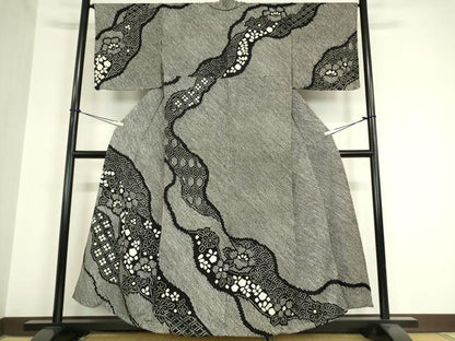 平和屋着物▽訪問着　単衣　総絞り　草花文　黒地　正絹　逸品　DAAV5911az