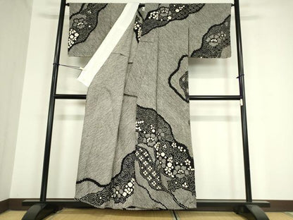 平和屋着物▽訪問着　単衣　総絞り　草花文　黒地　正絹　逸品　DAAV5911az