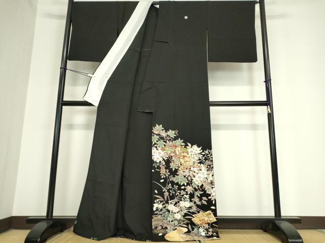 平和屋着物▽豪華黒留袖　単衣　駒刺繍　御所車楽器花文　金銀彩　正絹　逸品　DAAV5916az