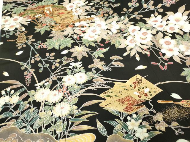 平和屋着物▽豪華黒留袖　単衣　駒刺繍　御所車楽器花文　金銀彩　正絹　逸品　DAAV5916az