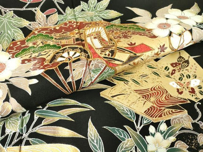 平和屋着物▽豪華黒留袖　単衣　駒刺繍　御所車楽器花文　金銀彩　正絹　逸品　DAAV5916az