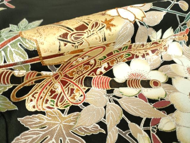 平和屋着物▽豪華黒留袖　単衣　駒刺繍　御所車楽器花文　金銀彩　正絹　逸品　DAAV5916az
