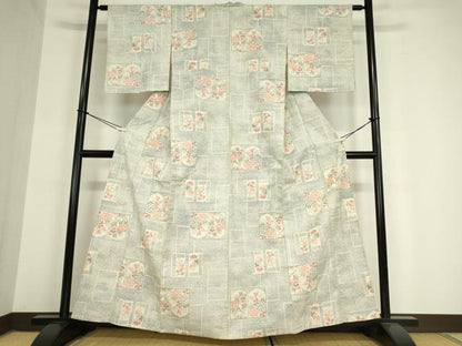 平和屋着物▽上質な紬　単衣　色紙花文　正絹　逸品　DAAV5917az