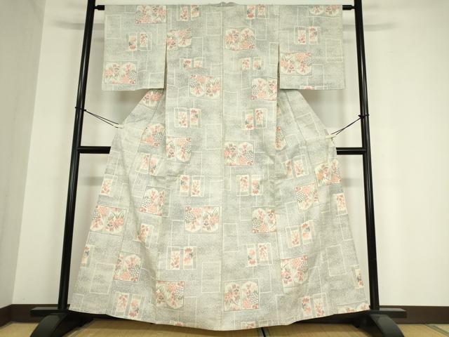 平和屋着物▽上質な紬　単衣　色紙花文　正絹　逸品　DAAV5917az