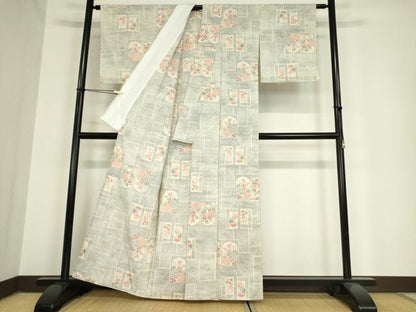 平和屋着物▽上質な紬　単衣　色紙花文　正絹　逸品　DAAV5917az