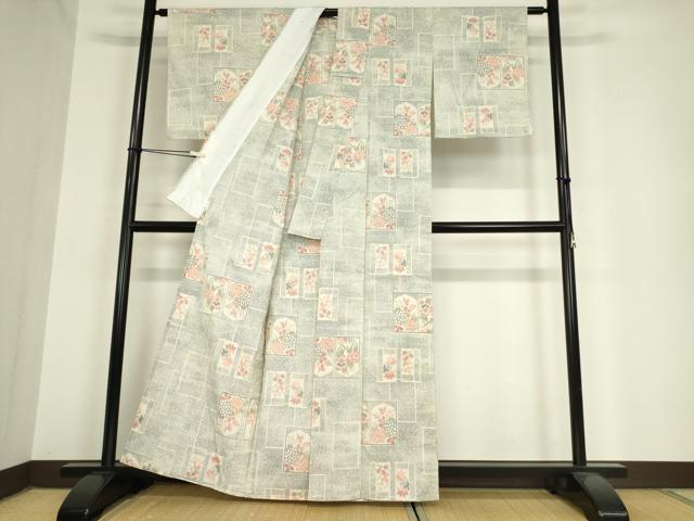 平和屋着物▽上質な紬　単衣　色紙花文　正絹　逸品　DAAV5917az