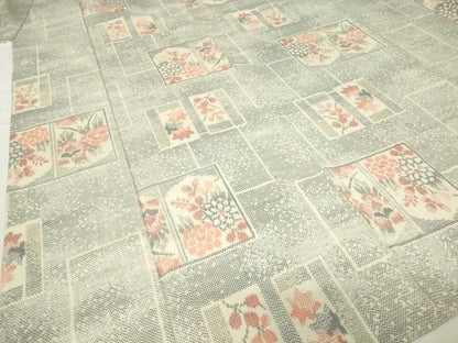 平和屋着物▽上質な紬　単衣　色紙花文　正絹　逸品　DAAV5917az