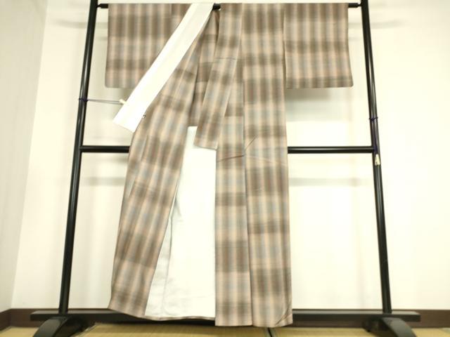 平和屋着物▽上質な紬 単衣 格子 正絹 逸品 DAAV5927az