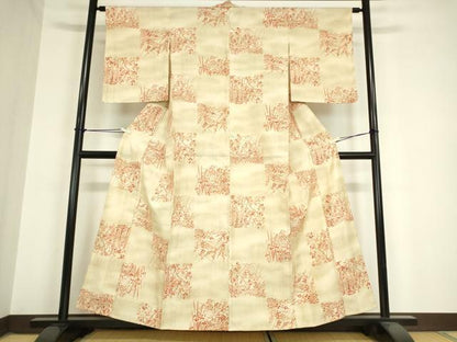 平和屋着物▽上質な小紋 単衣 紬地 市松花文 正絹 逸品 未使用 DAAV5937az