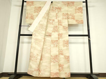 平和屋着物▽上質な小紋 単衣 紬地 市松花文 正絹 逸品 未使用 DAAV5937az