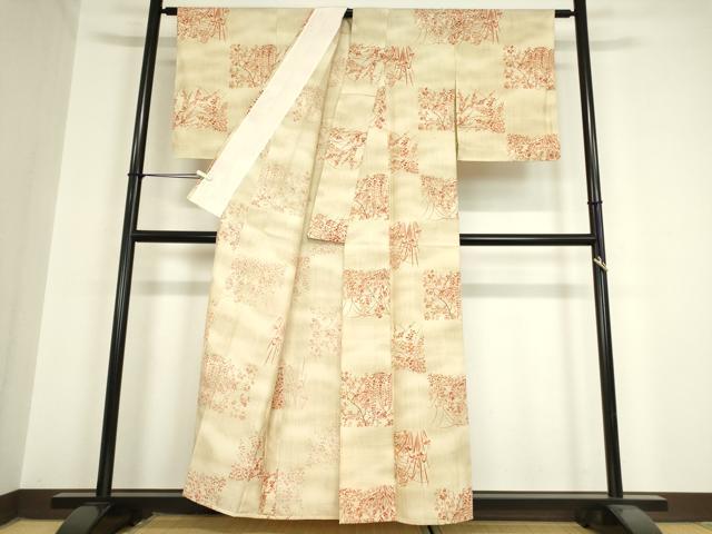 平和屋着物▽上質な小紋 単衣 紬地 市松花文 正絹 逸品 未使用 DAAV5937az