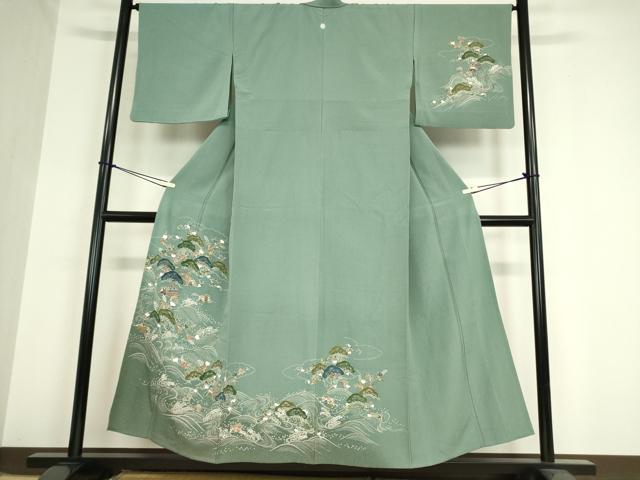 平和屋着物▽訪問着 単衣 刺繍 浜松風景文 金糸 正絹 逸品 DAAV5946az