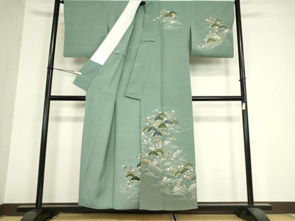 平和屋着物▽訪問着 単衣 刺繍 浜松風景文 金糸 正絹 逸品 DAAV5946az