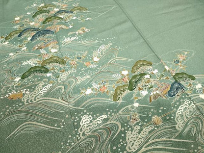 平和屋着物▽訪問着 単衣 刺繍 浜松風景文 金糸 正絹 逸品 DAAV5946az