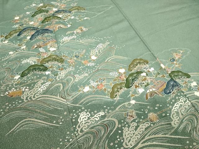 平和屋着物▽訪問着 単衣 刺繍 浜松風景文 金糸 正絹 逸品 DAAV5946az