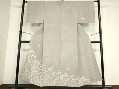 平和屋着物▽訪問着　単衣　お召縮緬　ろうけつ染め　舞蝶花文　正絹　逸品　DAAV5961az