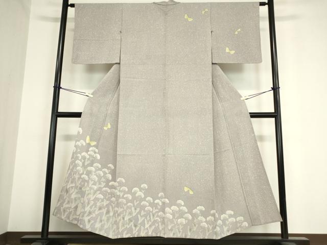 平和屋着物▽訪問着　単衣　お召縮緬　ろうけつ染め　舞蝶花文　正絹　逸品　DAAV5961az