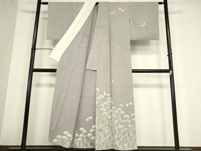 平和屋着物▽訪問着　単衣　お召縮緬　ろうけつ染め　舞蝶花文　正絹　逸品　DAAV5961az