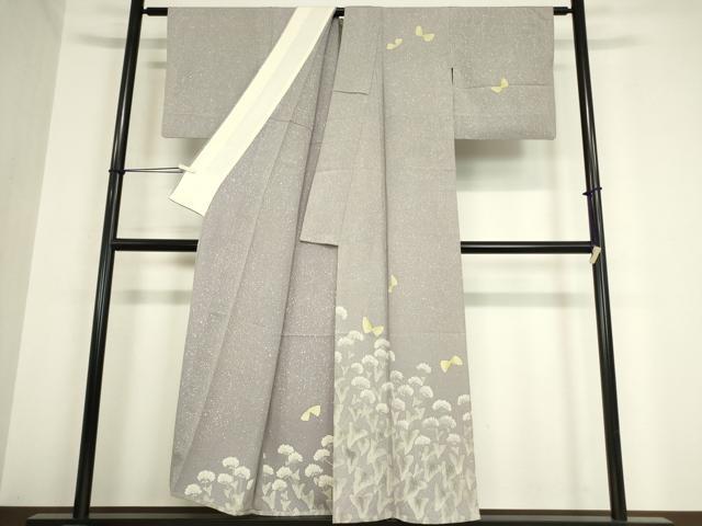 平和屋着物▽訪問着　単衣　お召縮緬　ろうけつ染め　舞蝶花文　正絹　逸品　DAAV5961az