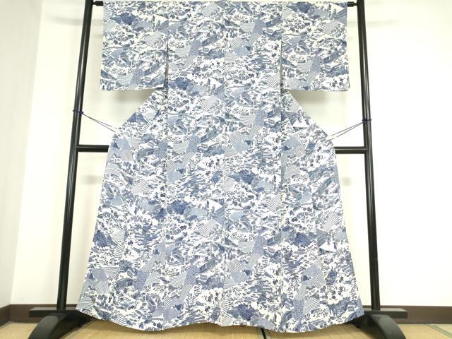 平和屋着物▽上質な小紋 単衣 型染 人物風景文 鬼しぼ縮緬 正絹 逸品 DAAV5965az
