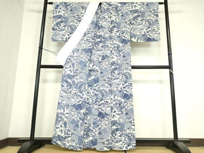 平和屋着物▽上質な小紋 単衣 型染 人物風景文 鬼しぼ縮緬 正絹 逸品 DAAV5965az