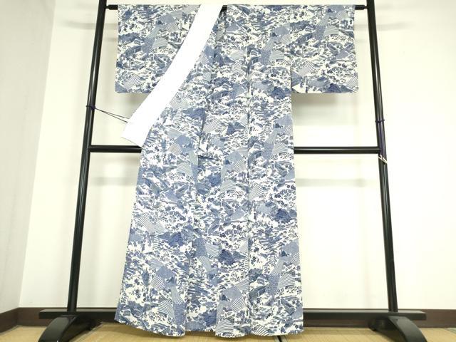 平和屋着物▽上質な小紋 単衣 型染 人物風景文 鬼しぼ縮緬 正絹 逸品 DAAV5965az