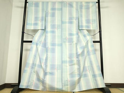 平和屋着物▽上質な紬 単衣 格子草花文 正絹 逸品 未使用 DAAV5967az