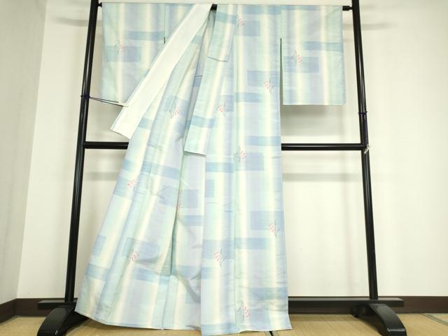 平和屋着物▽上質な紬 単衣 格子草花文 正絹 逸品 未使用 DAAV5967az