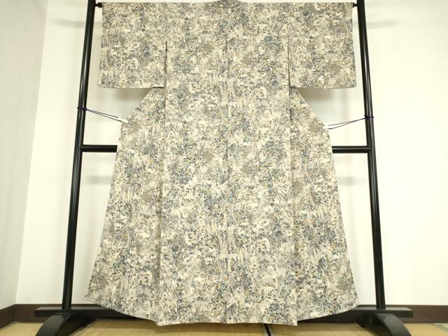 平和屋着物▽上質な小紋 単衣 短冊花鳥文 金彩 鬼しぼ縮緬 正絹 逸品 DAAV5970az
