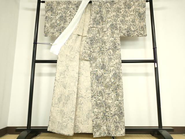平和屋着物▽上質な小紋 単衣 短冊花鳥文 金彩 鬼しぼ縮緬 正絹 逸品 DAAV5970az