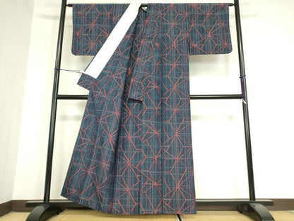 平和屋着物▽上質な紬 単衣 麻の葉文 正絹 逸品 DAAV5990az