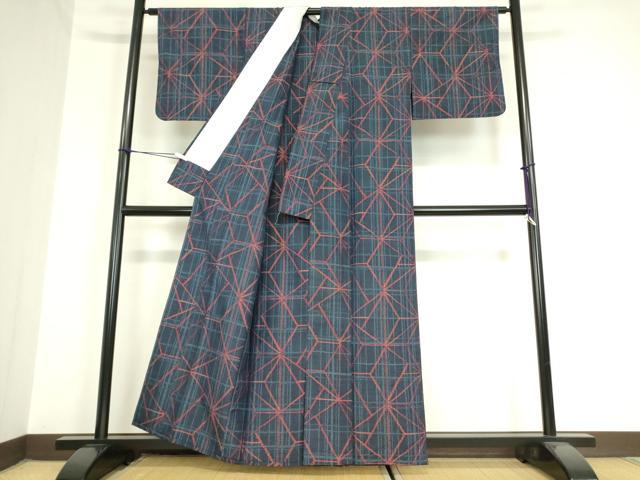平和屋着物▽上質な紬 単衣 麻の葉文 正絹 逸品 DAAV5990az
