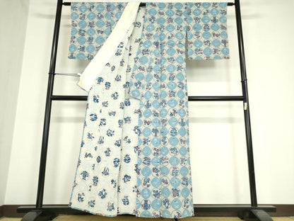 平和屋着物▽上質な小紋　単衣　藍　型染　花丸吉祥文　鬼しぼ縮緬　大丸扱い　正絹　逸品　DABG0783az