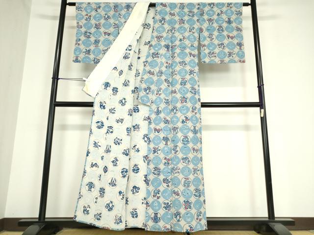 平和屋着物▽上質な小紋　単衣　藍　型染　花丸吉祥文　鬼しぼ縮緬　大丸扱い　正絹　逸品　DABG0783az