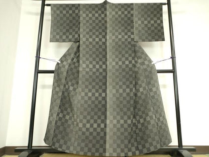 平和屋着物▽上質なお召 単衣 市松文 黒地 正絹 逸品 DAAV5994az