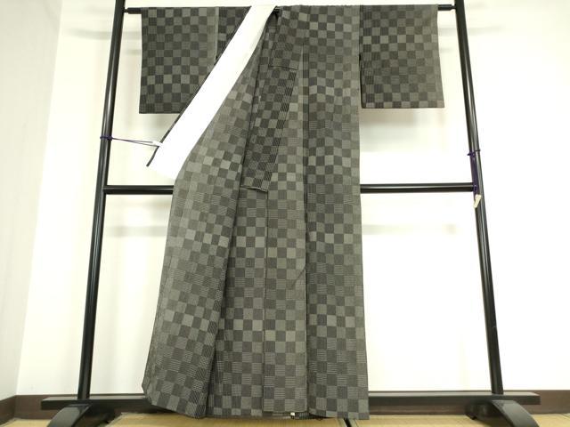 平和屋着物▽上質なお召 単衣 市松文 黒地 正絹 逸品 DAAV5994az