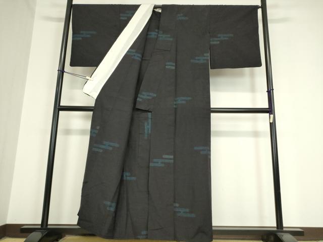 平和屋着物▽結城紬　単衣　エ霞文　黒地　80亀甲　正絹　逸品　DAAV5996az