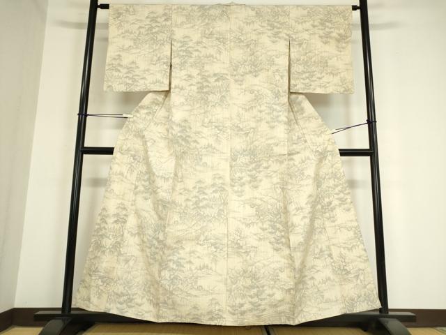 平和屋着物▽上質な紬　単衣　風景松文　正絹　逸品　DAAV5999az