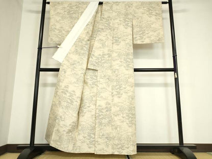 平和屋着物▽上質な紬　単衣　風景松文　正絹　逸品　DAAV5999az