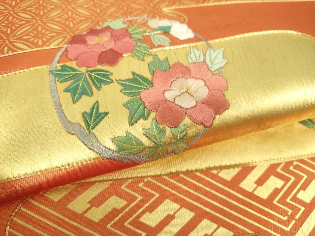 平和屋着物●西陣 川島織物 太鼓柄袋帯 駒刺繍 霞花丸文 金彩 正絹 逸品 DAAV6008ps