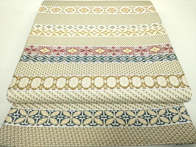 平和屋着物●両面　六通柄袋帯　刺し子織　横段割付文　銀糸　正絹　逸品　DAAV6024ps 平和屋着物○両面 六通柄袋帯 刺し子織 横段割付文 銀糸